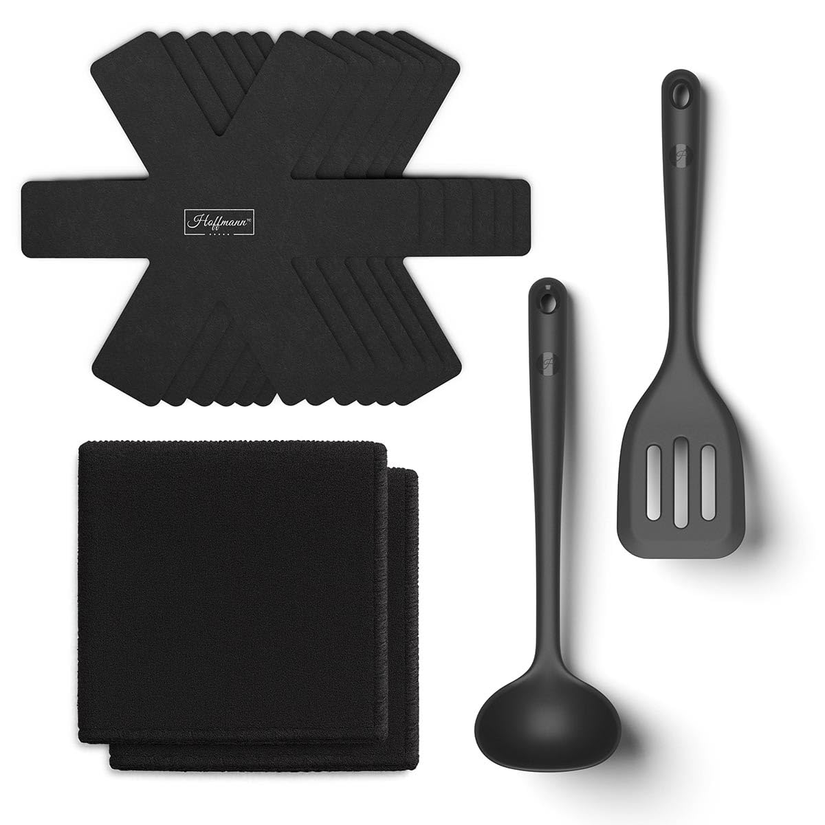 Hoffmann 10-teiliges Kochgeschirr-Pflegeset, Pfannenschoner, Silikonwender, Schöpfkelle, Mikrofasertücher, 200°C Hitzebeständig, Antiverschleiß-Set, Silikon Küchenhelfern