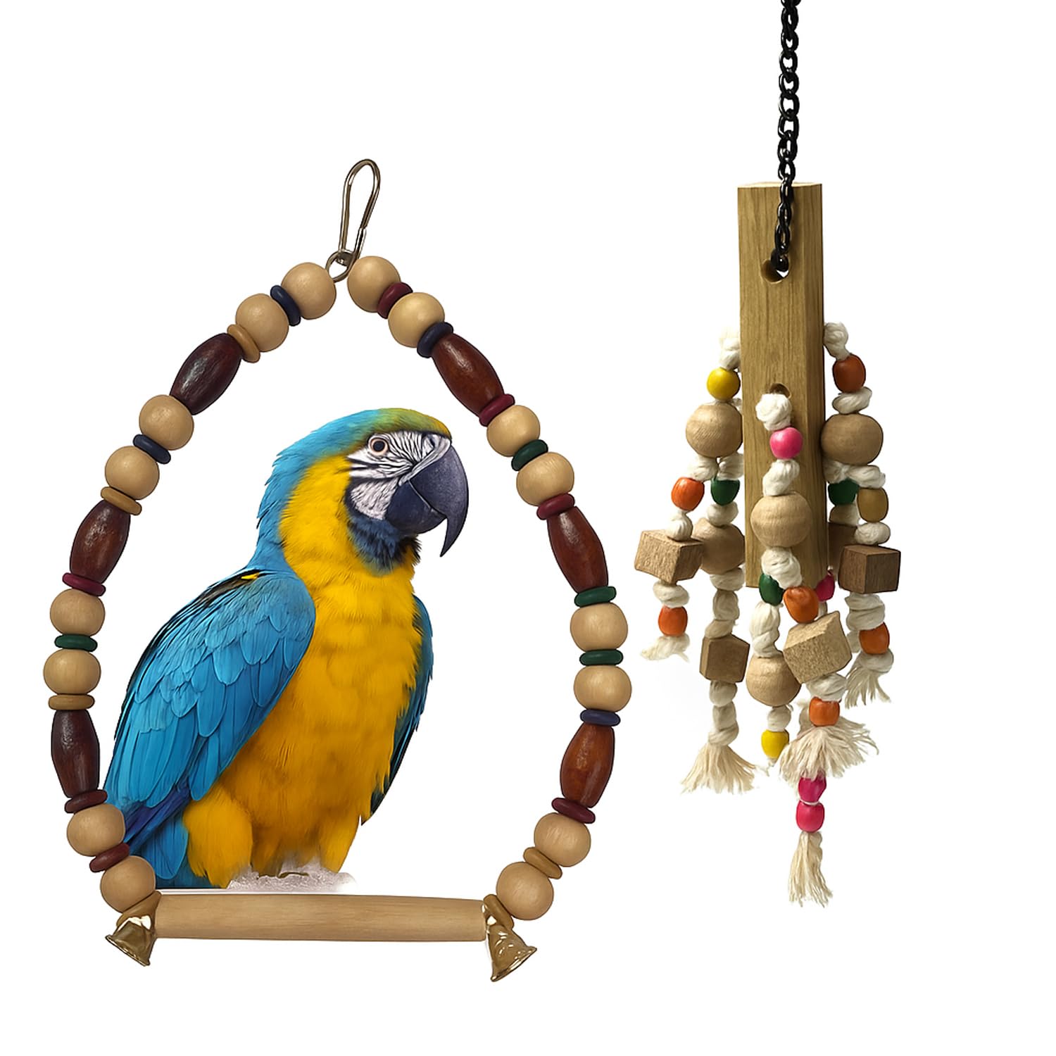 Jainsons Pet Products Wooden Bird Toy Set - Pack of 2 Hanging Chew Toy & Beaded Swing for Parrots Budgies Cockatiels Conures Parakeets Lovebirds & Small Birds | Safe & Colorful Play Toys