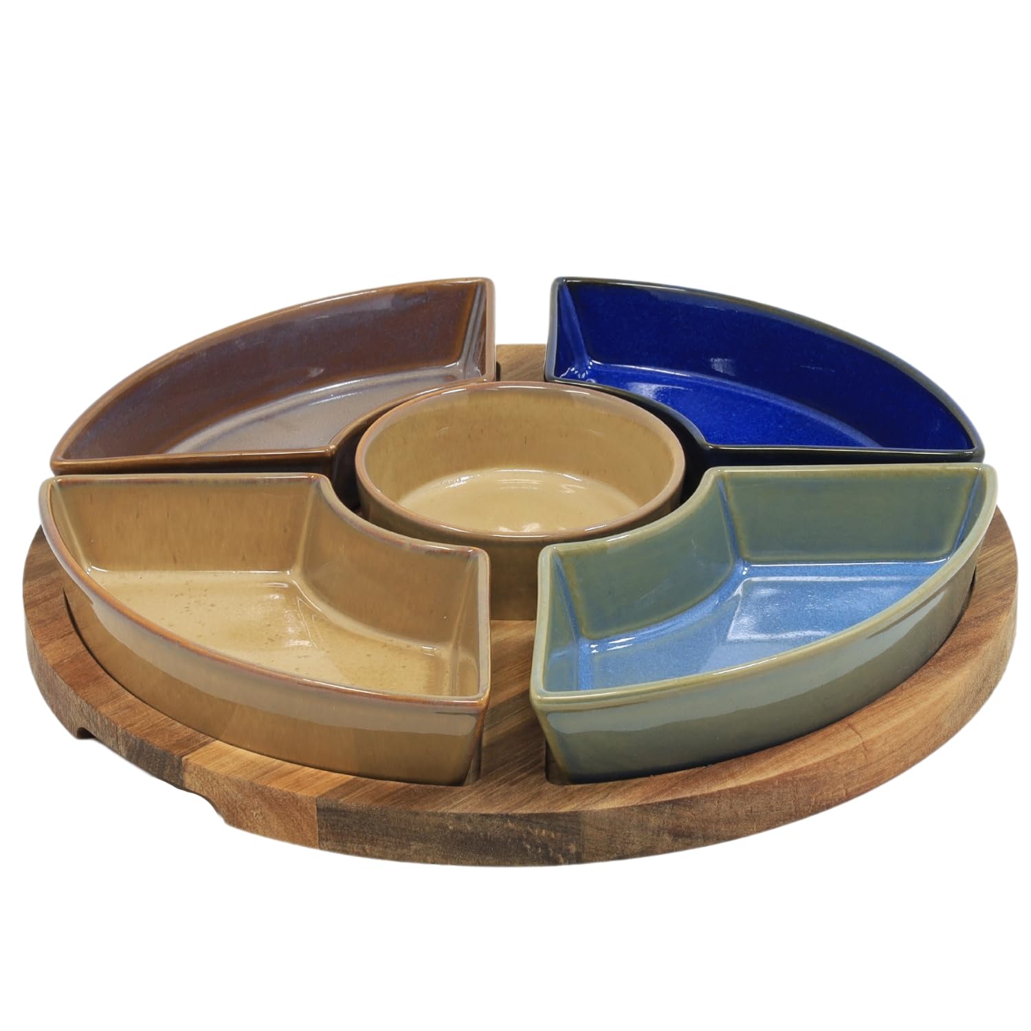 Lesser & Pavey Snack Dishes & Wood Trays For Food Serving | Wood Snacks Serving Platter With Bowls | Colourful Designers Round And Square Food Serving Tray Set of 5 - Elements