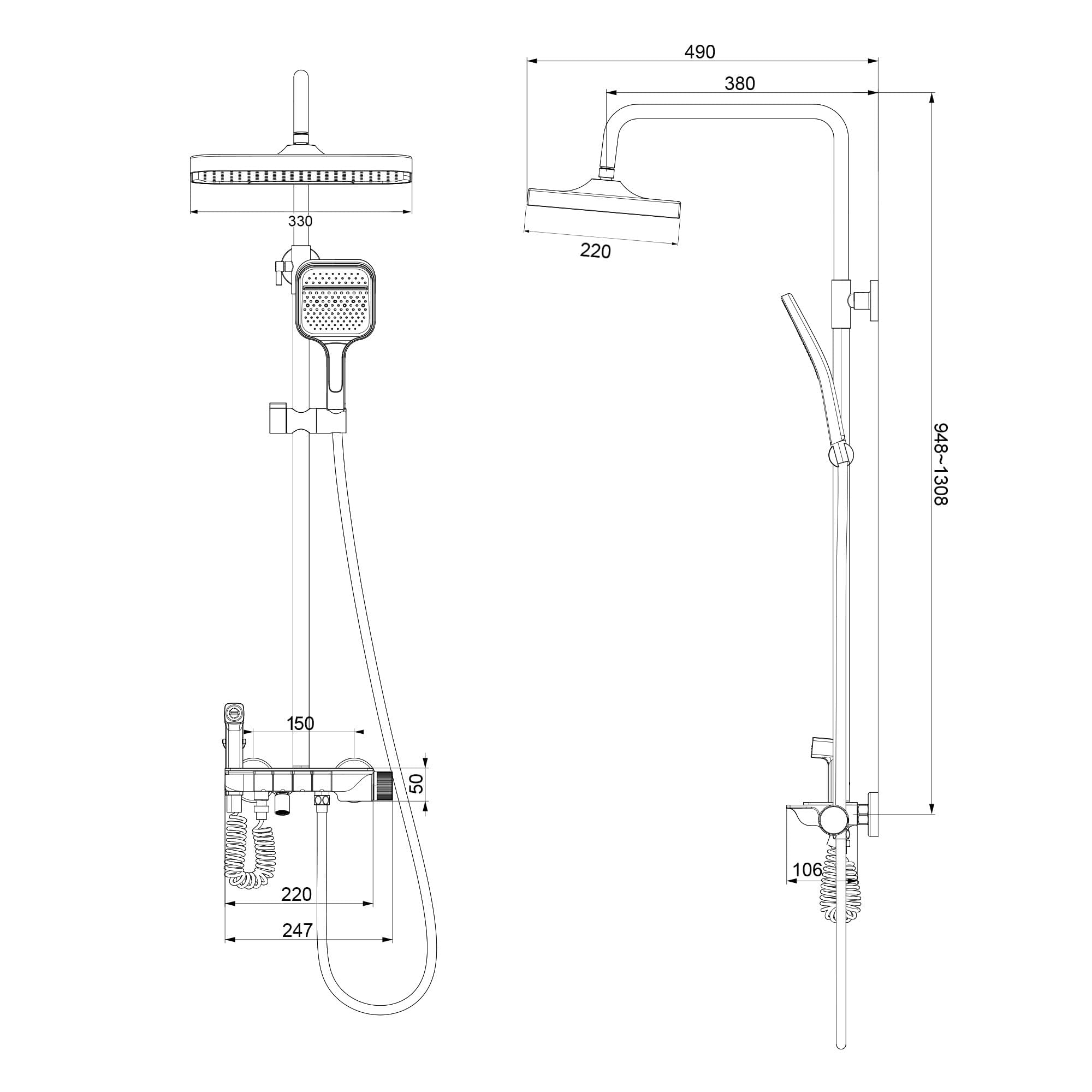 VANCOCO Grau Thermostat Duschsystem Komplettset Messing | Regendusche, Handbrause, Bidetsprayer und unterer Wasserauslass, wassersparende Duscharmatur