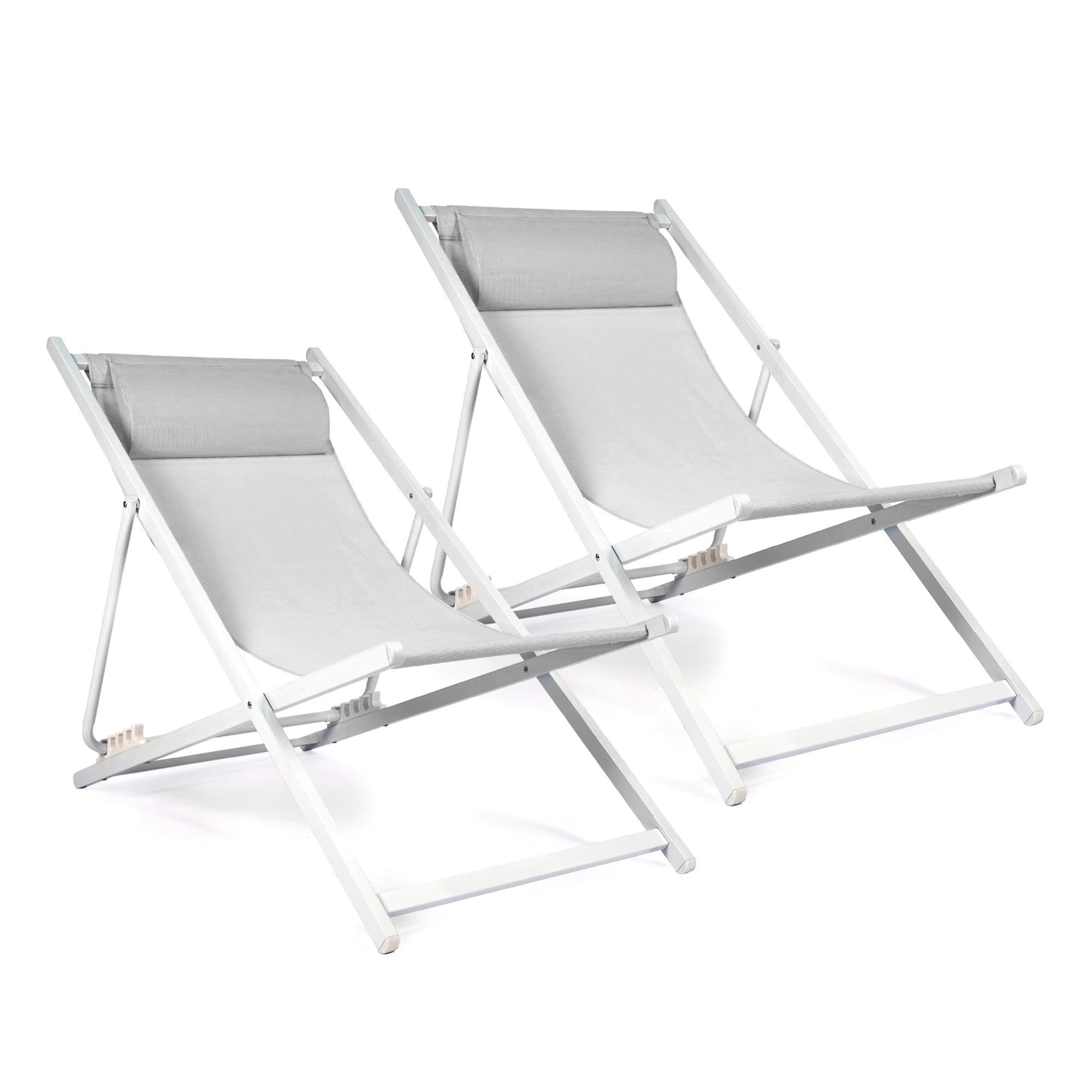 IlGruppone Set 2 Sdraio Mare Pieghevoli Reclinabili con Poggiatesta, Lettini da Spiaggia in Acciaio e Textilene, Sedie Relax per Giardino, Piscina, Terrazza e Campeggio, Beige - Grigio