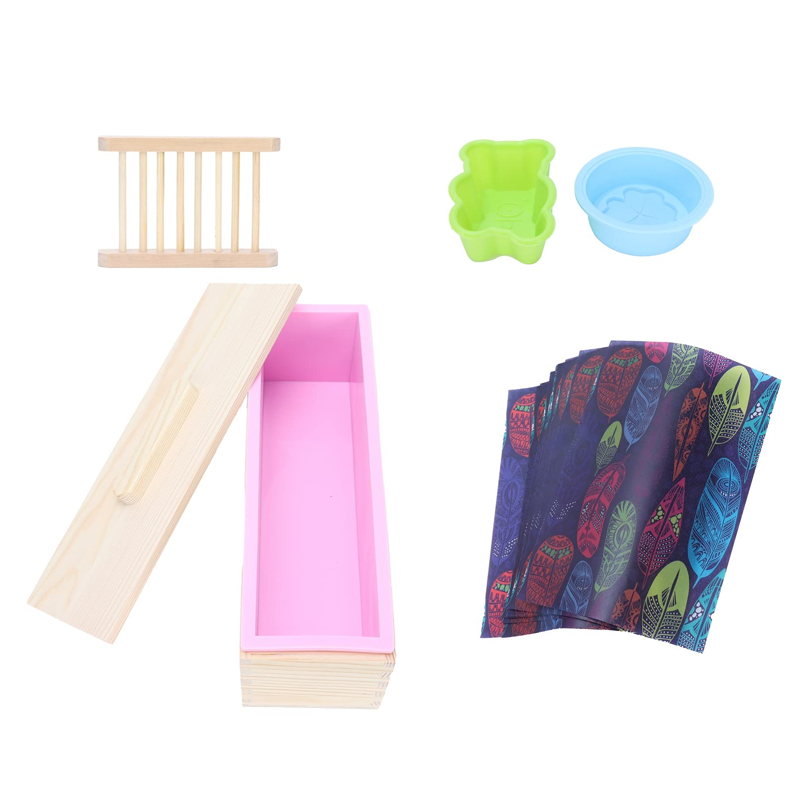 Juego de moldes de silicona para jabón DIY con rejilla para jabón en caja de madera y papel de regalo para jabón y horneado (Rosa)