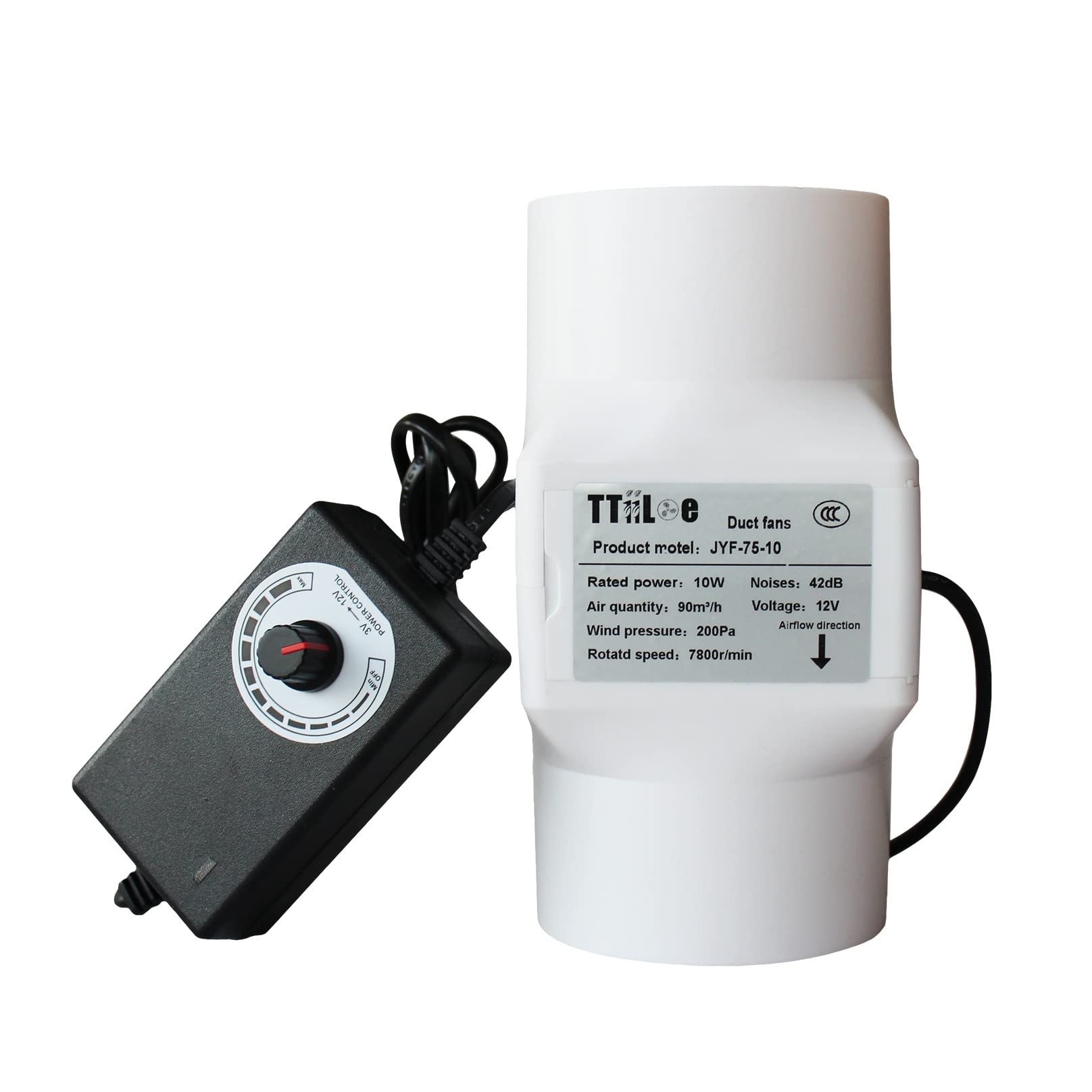 Ventilador de conducto Extractor en línea con Controlador de Velocidad, difusor de Aire de 3pulgadas/75mm, soplador de circulación de Aire de 10W 12V for Armario de ático