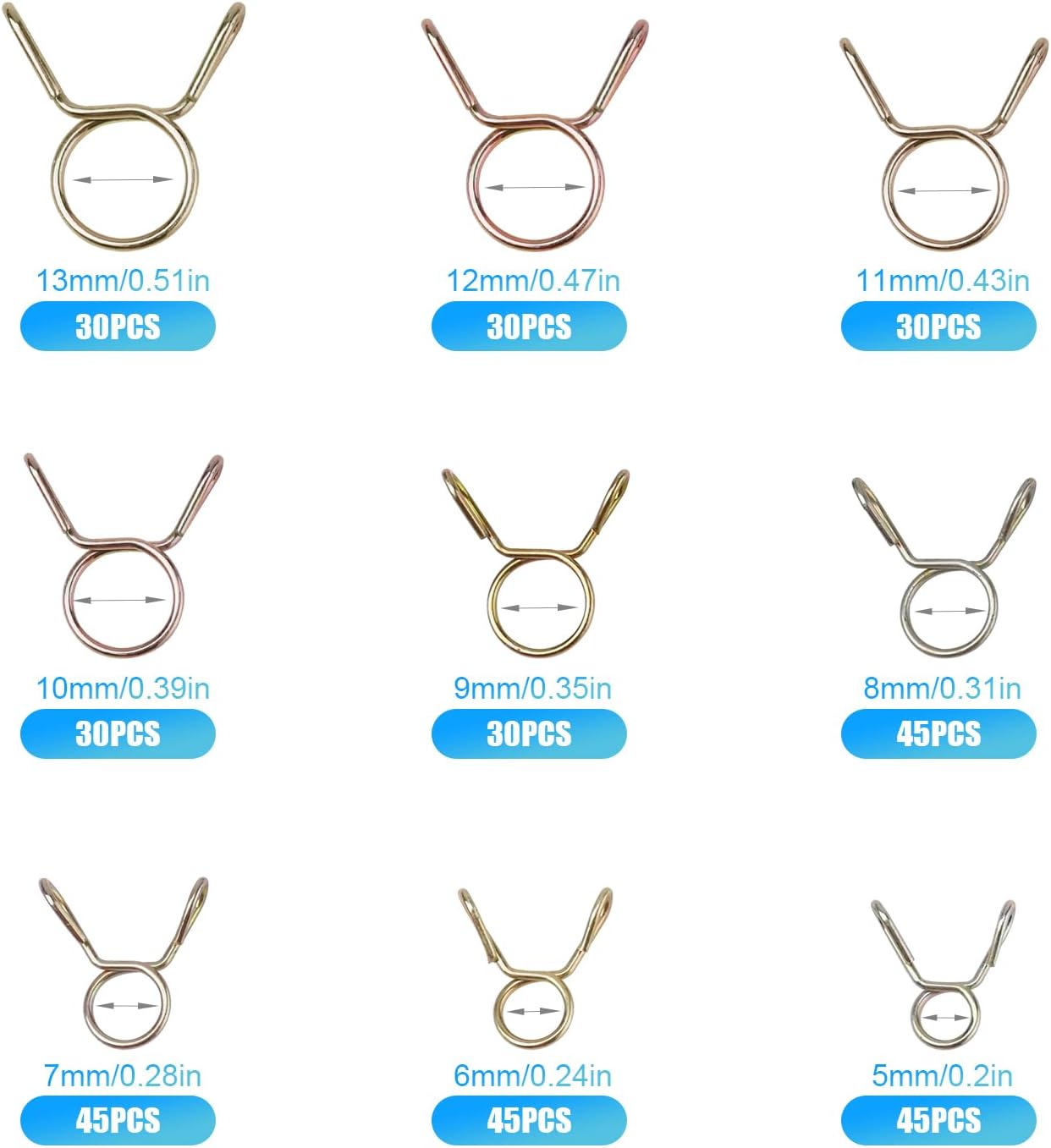 330pcs Spring Hose Clamps, 5-13mm Elastic Hose Clamp Assortment Set Small Hose Clamps Water Pipe Spring Clips Air Tubing Spring Clamps Fuel Line Hose Clamp Tension Tube Clamps for Moto Scooter ATV