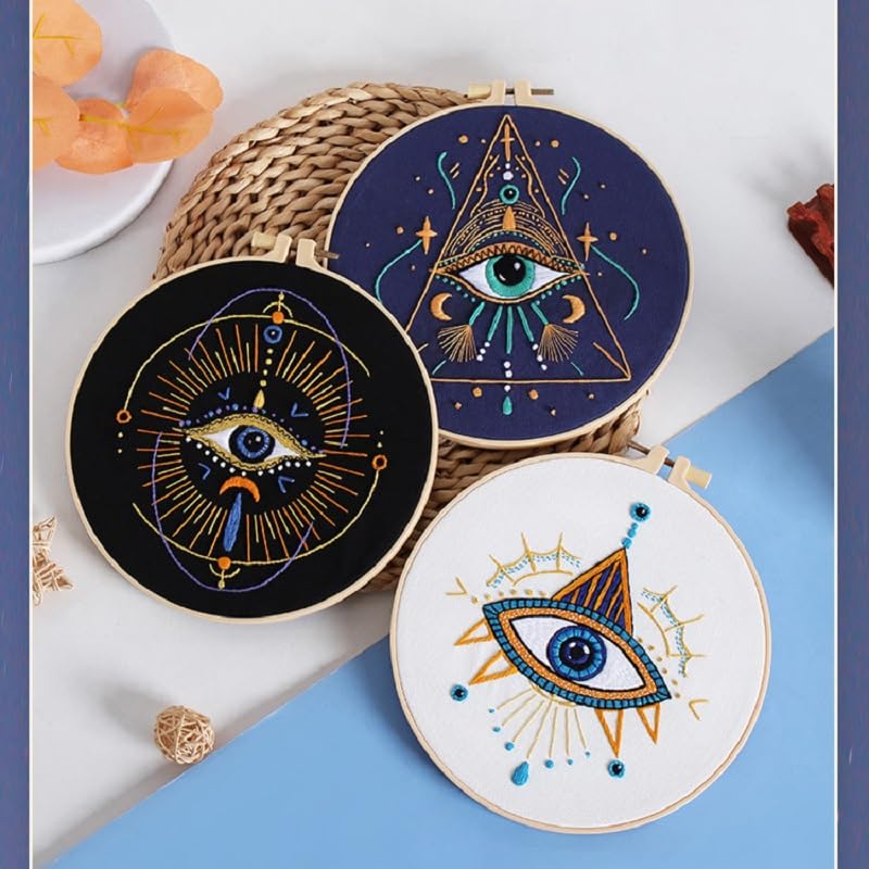Image of Konrisa 3 Pcs Embroidery Kits with Tarot Cards and Eyes Pattern, Stamped Embroidery Starter Kit for Beginners Adults Needlepoint Kits DIY Sewing Cross Stitch Practice Kit Home Decoration