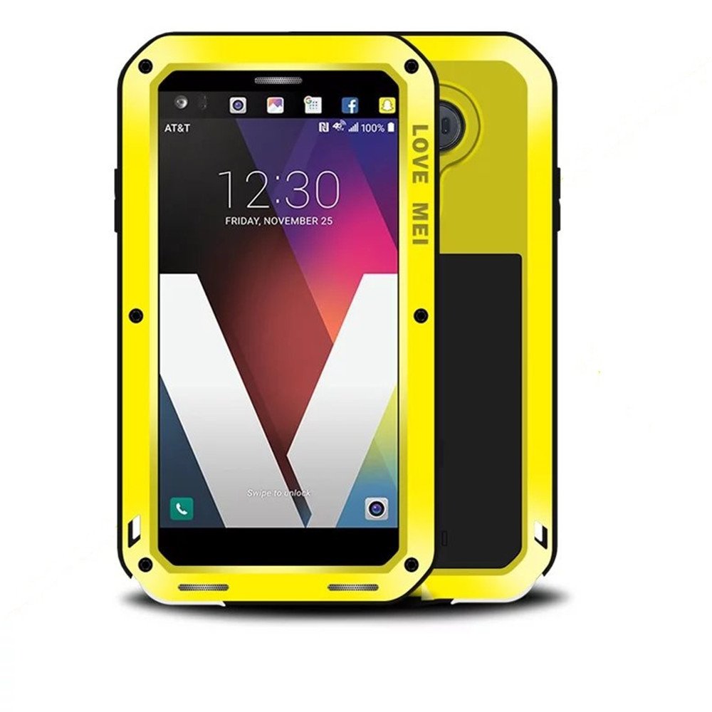 LG V20 Case, Love MEI Outdoor Aluminum Metal Cases LG V20 Shockproof Dropproof Rainproof Silicone Back Cover Gorilla Glass Protector(Yellow)