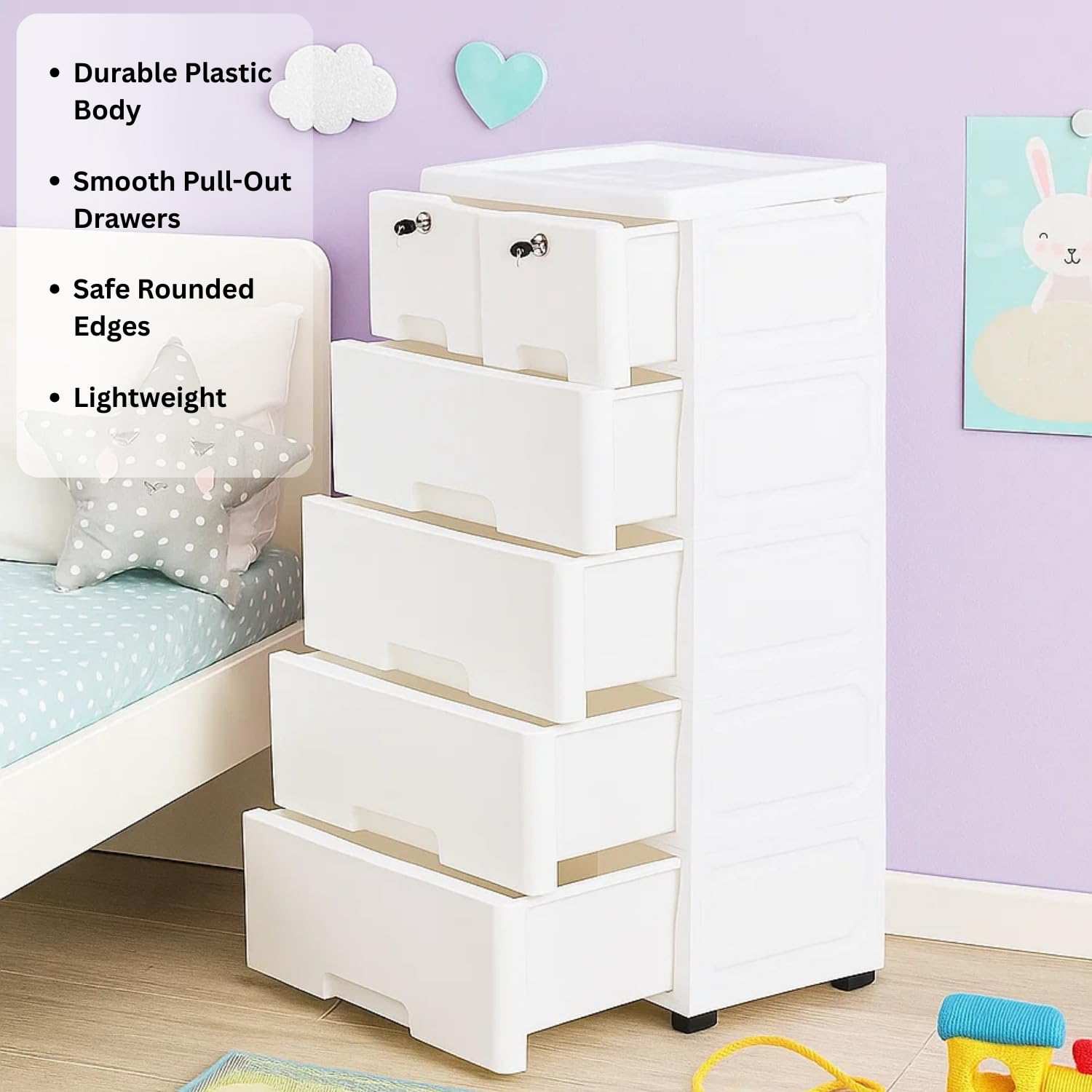 The Tickle Toe 6-Drawer Glossy Plastic Chest for Kids | White Storage Organizer with Locks | Portable Child-Safe Cabinet for Clothes & Toys | 44L x 28.5W x 82H cm | Made in India 2