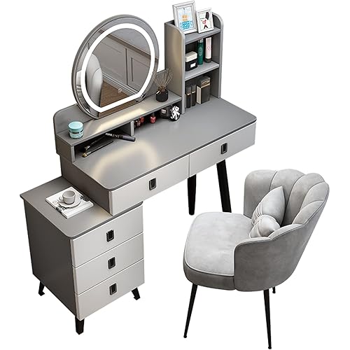 Dressing Table with Lights and Mirror and Stool, Corner Vanity Makeup Desk Set with Drawers, Large Dressing Table, Lighted Vanity Desk Set with Adjustable Storage Cabinet for Bedroom Studio ,Grey,80CM