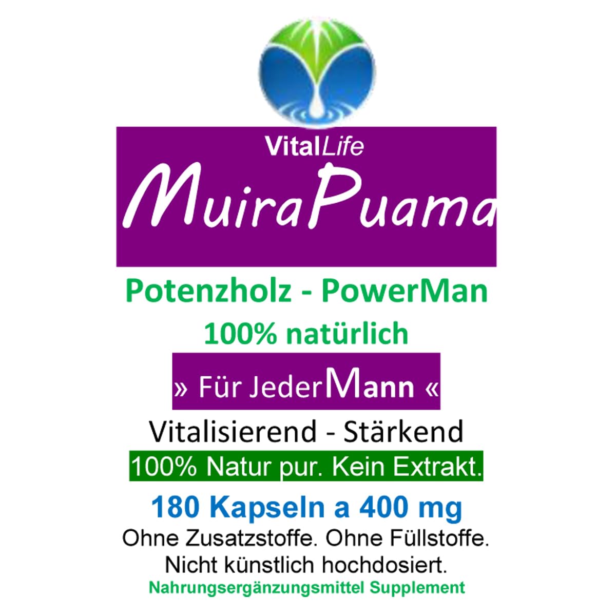 Potenzholz Potenzbaum Muira Puama 180 Kapseln POWERMAN Rindenpulver für Mann & Frau - NATUR PUR ohne ZUSATZSTOFFE. 26890-180