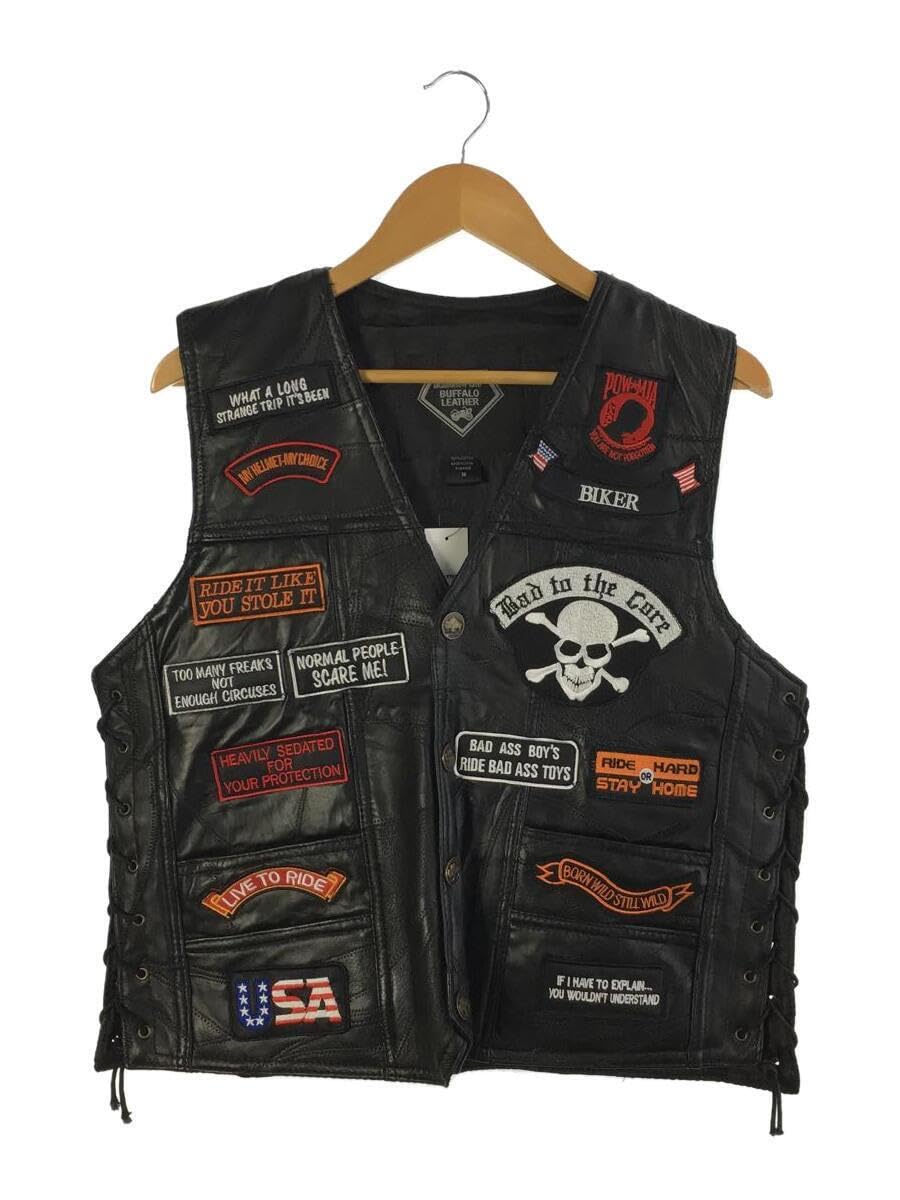 BUFFALO LEATHER　バイカー ブラックレザー ベスト　ワッペン BUFFALO LEATHERバイカー ブラックレザー ベストワッペン