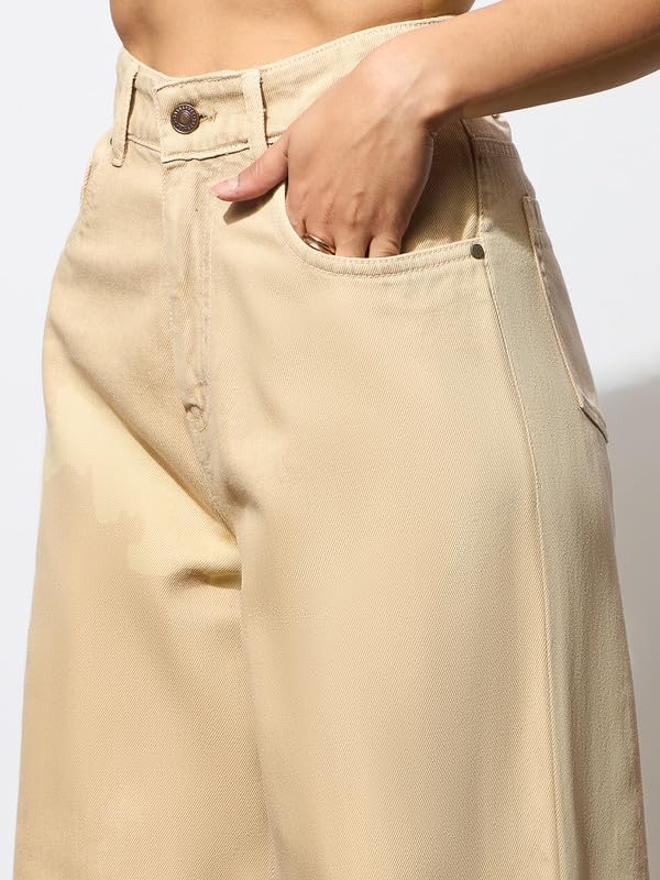 Image of Beige Side Slit Wide Leg Jeans