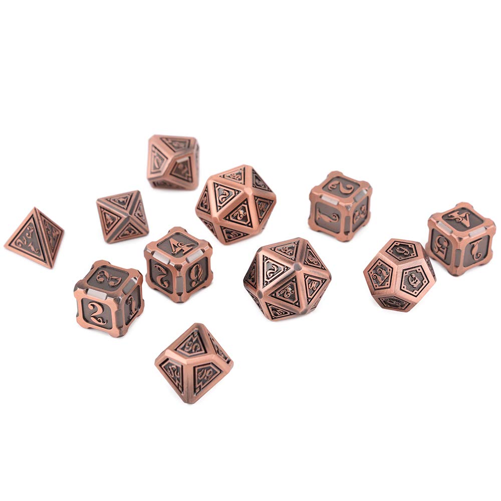 Fantasydice Lot de 11 dés polyédriques en métal motif dragon cuivré pour D&D, DND, Shadowrun, Pathfinder, Warhammer, Call of Cthulhu et plus encore