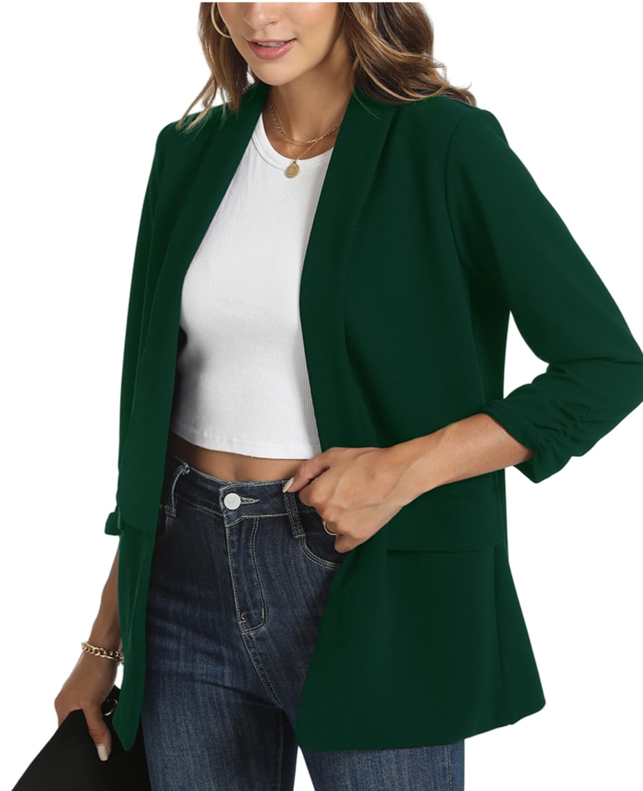 Giacche da donna casual increspate con maniche a 3/4, aperte sul davanti, per lavoro, ufficio, giacche con tasche