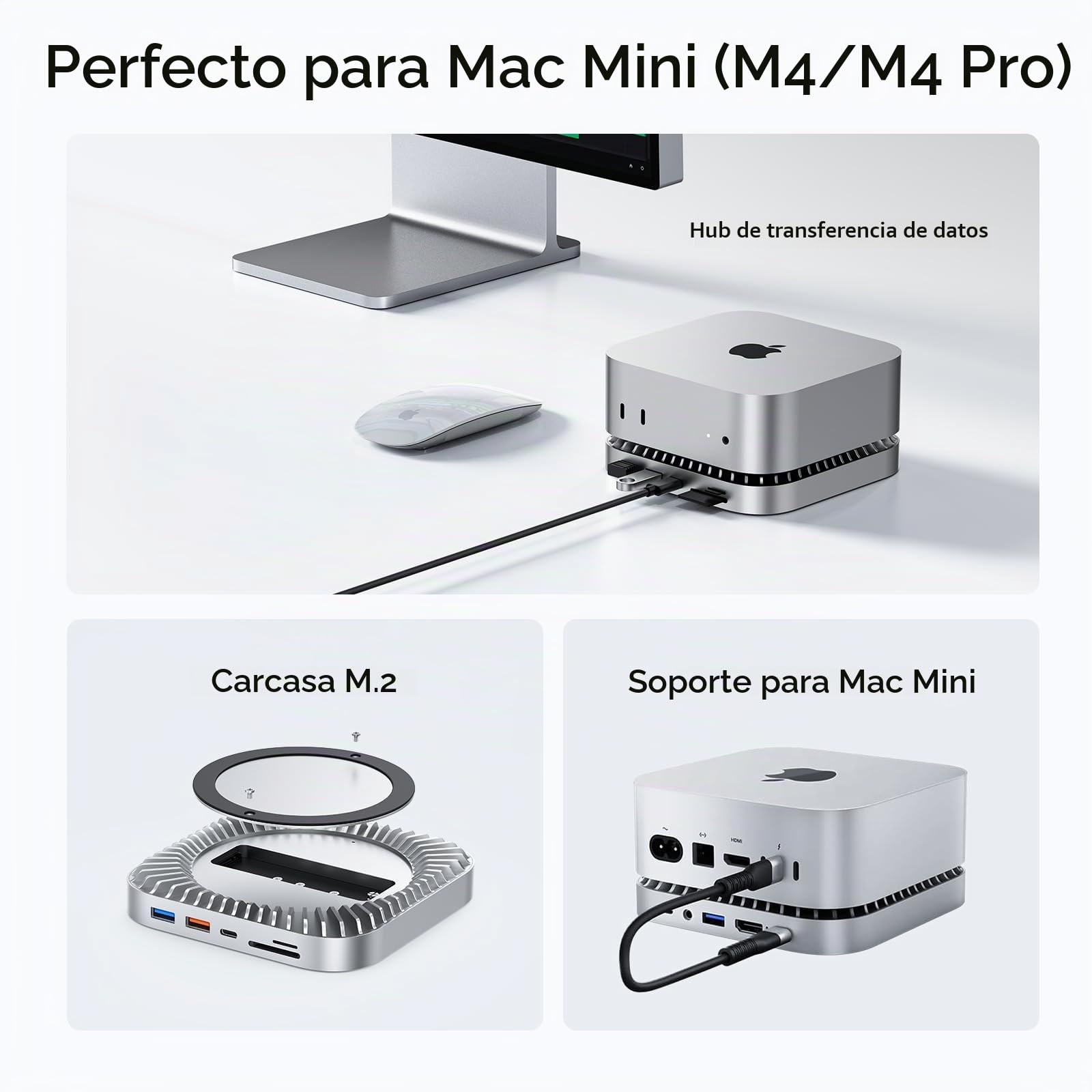 Base Mac Mini M4, Soporte de Aluminio y concentrador HDMI para Mac Mini M4 y M4 Pro 2024 con Carcasa SSD M.2 NVMe/SATA, HDMI 4K60Hz, 10G USB A/C, 5G USB A*2, Carga USB-C, SD/TF, Audio