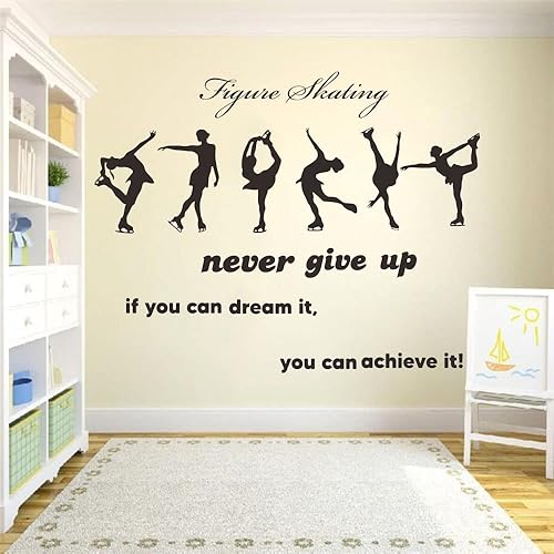 Miniatura 8 de JWH171 - Calcomanía de pared de patinaje artístico con 6 calcomanías de patinadora para niñas y cita de nunca te rindas, arte de pared de patinaje