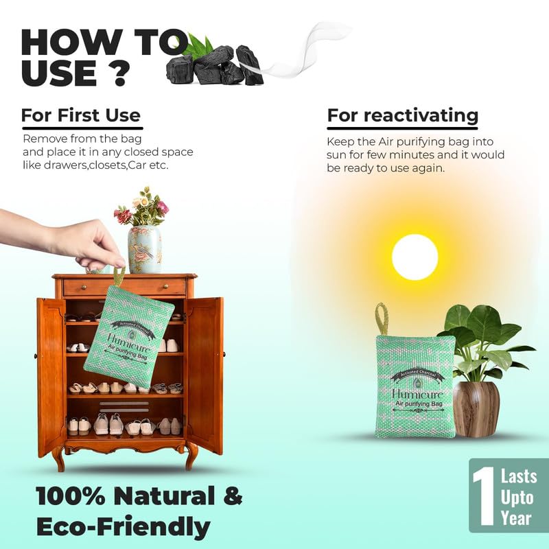 Humicure Activated Charcoal Air Purifier Bags (100 gm) - Odor Remover & Freshener for Car, Kitchen, Bathroom, Wardrobe, Shoe Rack, Pets (100 Gram - Green, 1) 3