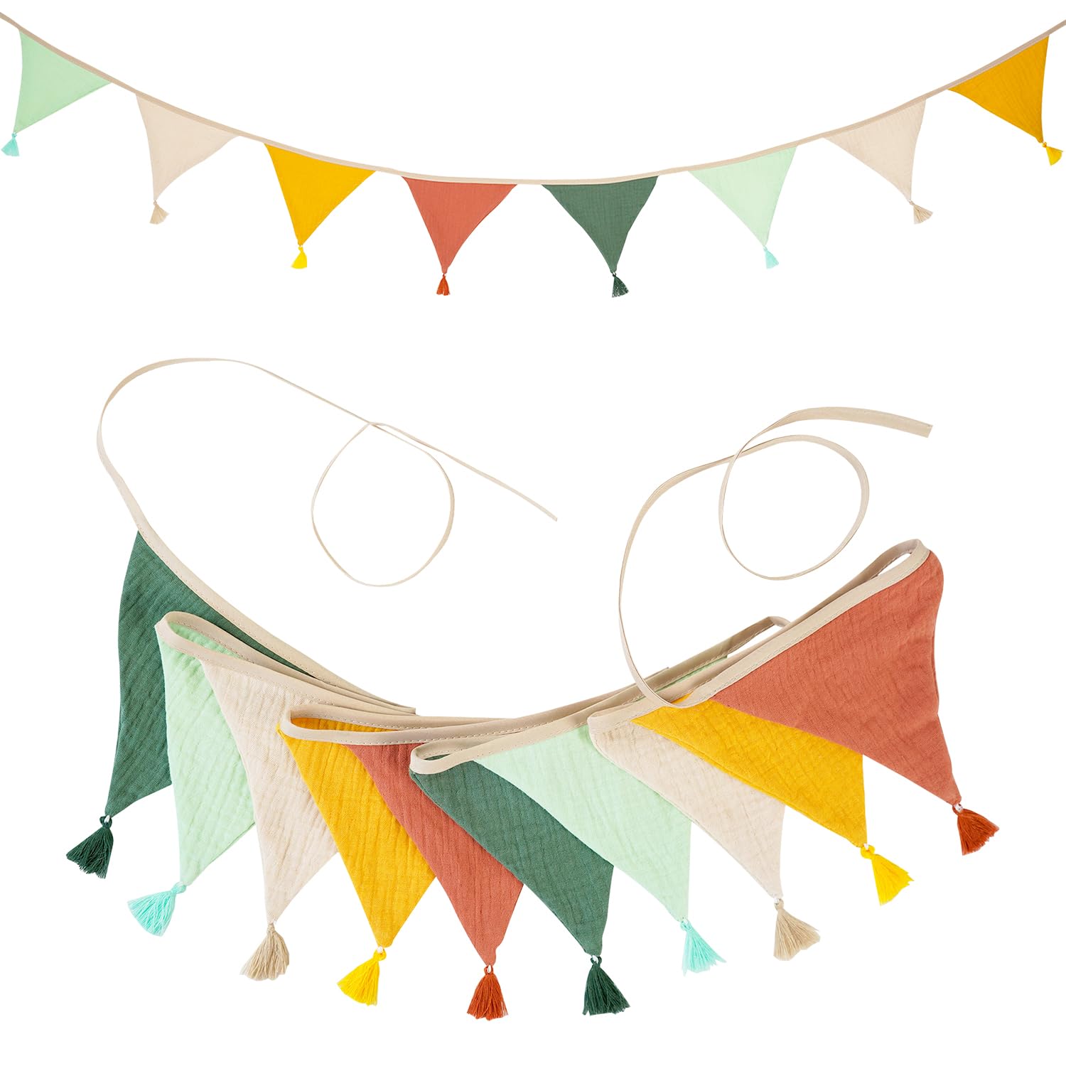 2.6m Fabric Bunting Banner with Tassel, 10PCS Multicolor Double-Sided Cotton Garland, Nursery Bunting for Baby Shower, Kids Room, Pastel Bedroom & Baby Room Decoration