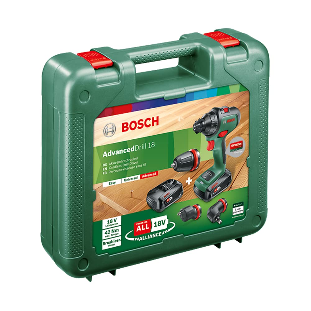 Bosch Home and Garden Set Trapano a batteria AdvancedDrill 18 (2 batterie, sistema da 18 V, 3 accessori, in valigetta), green, 1/2_pollice