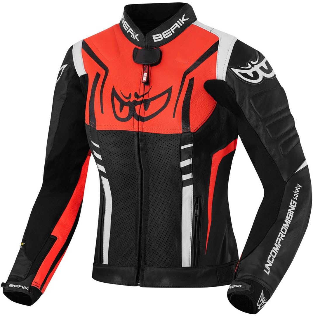Berik Striper Damen Motorrad Lederjacke, schwarz/weiß/rot, 44 | Leder