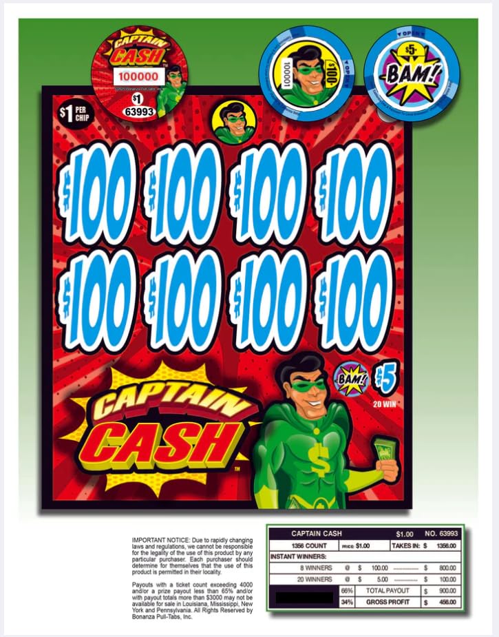 $1 Pull Tab Chips Captain Cash Theme 1 356 Count Folded Paper Pull Tab Game for Fundraisers Bingo Nights Bars Clubs & Nonprofits