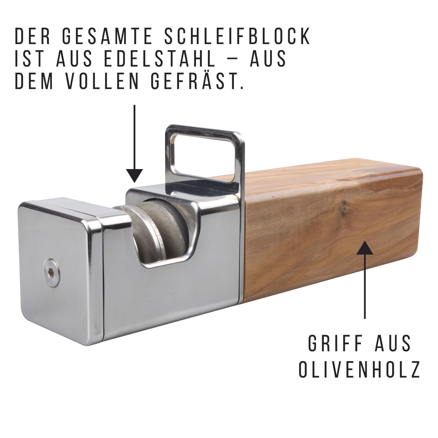 Diamant Messerschärfer Edelstahl & Olivenholz - Handveredelt - Nass & Trocken Schliff -  Diamantscheiben austauschbar - Profi Messerschleifer für Küchen, Wellenschliff, Keramik & Damastmesser