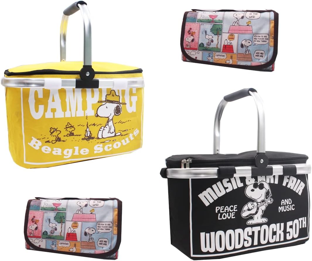 Finex Yellow Black Snoopy Picnic Set with 2 Foldable Picnic Basket + 2 Reusable Blanket Mat for Camping Hiking Outdoor Concert Theme Park Travel Day Trip : Patio, Lawn & Garden