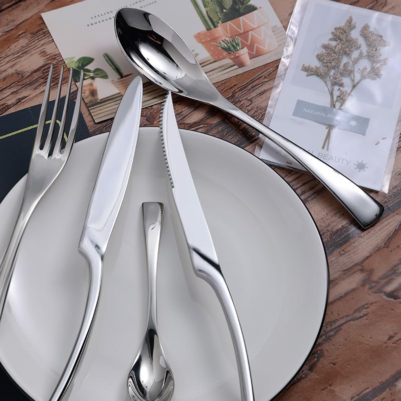 Silverware Flatware Set, 3/12/18/24/30/36 Pieces Creative Steak Knife, Fork And Spoon Tableware Set 304 Stainless Steel Spoon Steak Knife(Color:Black,Size:12 Pieces for 4)