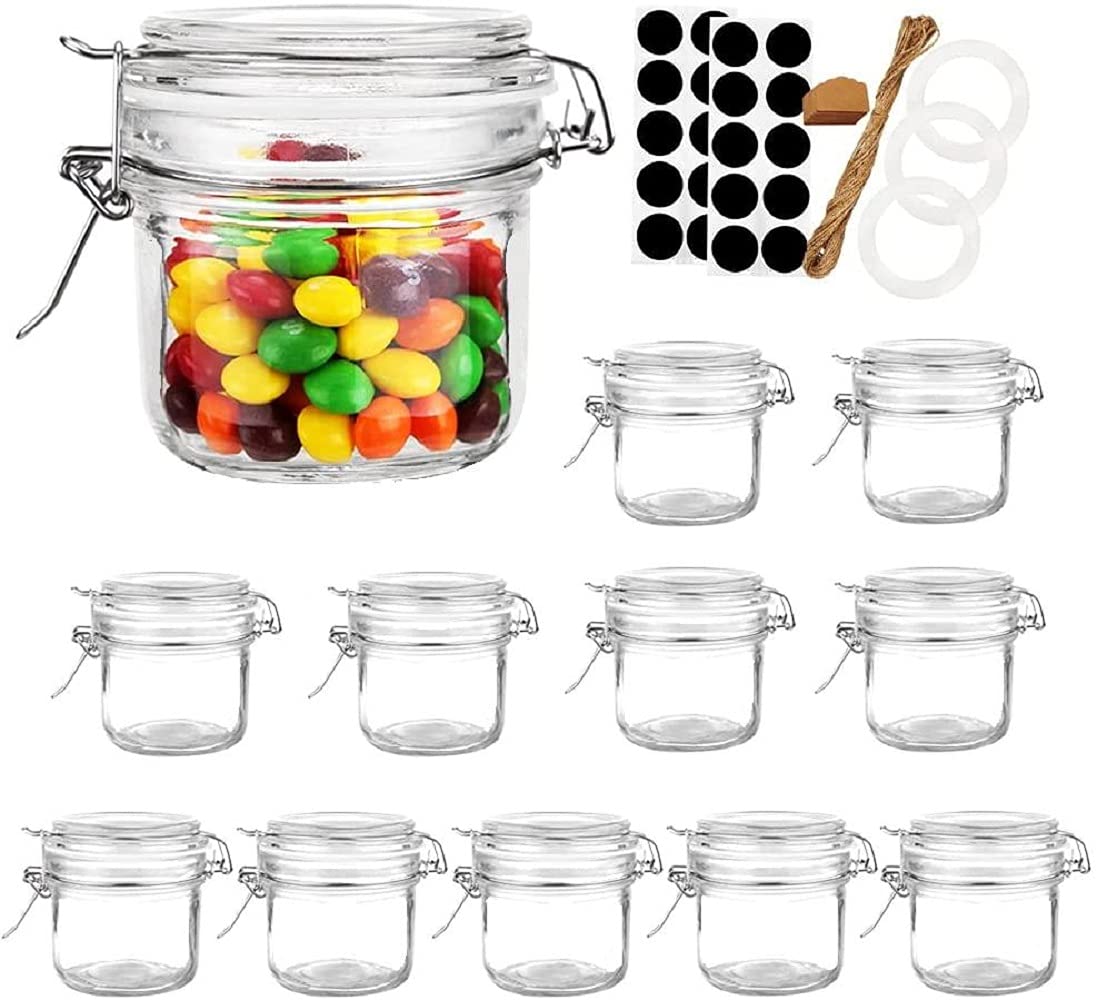 Folinstall7 oz Glass Jars with Airtight Lids 12 Pcs, Small Mason Jars with Hinged Lids for Kitchen Storage, Canning and Pantry, Includes 3 Replacement Silicone Gaskets and Chalkboard Labels