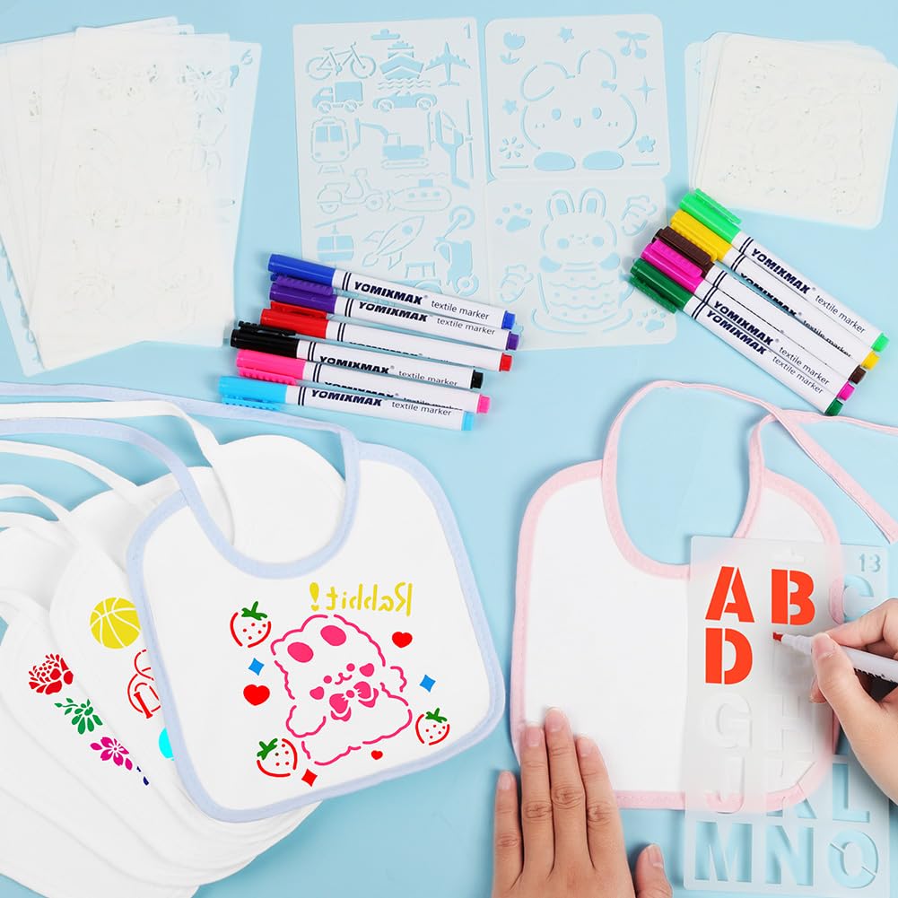 Aolso 6PCS Bavoir, Bavoirs Peinture et 6PCS Grenouillères, avec 12 Stylos Textiles de Couleur et 22 Pochoirs de Peinture, Cadeau pour Babyshower Party DIY（9-12mois）
