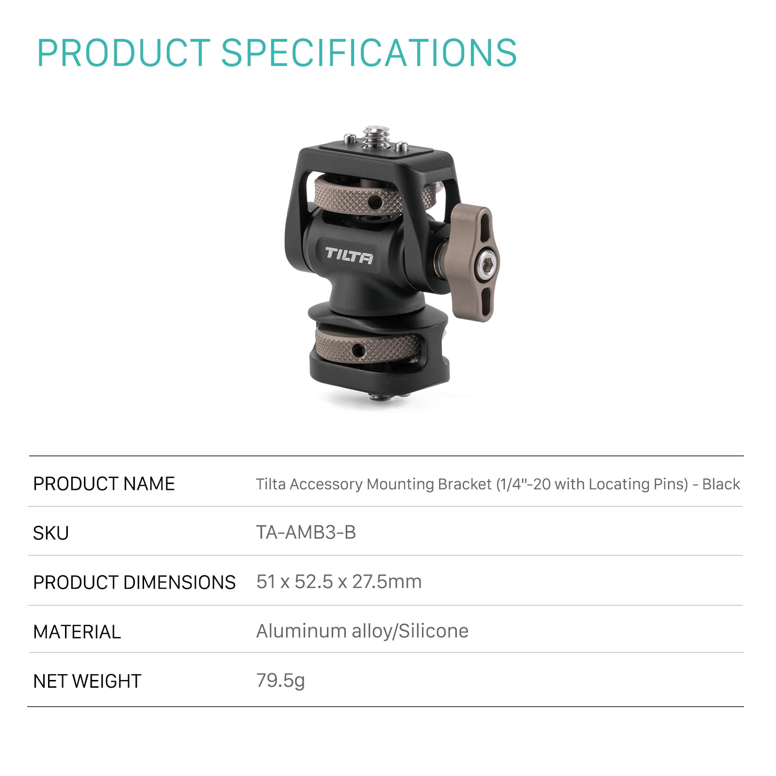 Tilta Staffa di montaggio accessorio 1/4″-20 con perni di posizionamento a 1/4″-20 con perni di posizionamento - Nero TA-AMB3-B