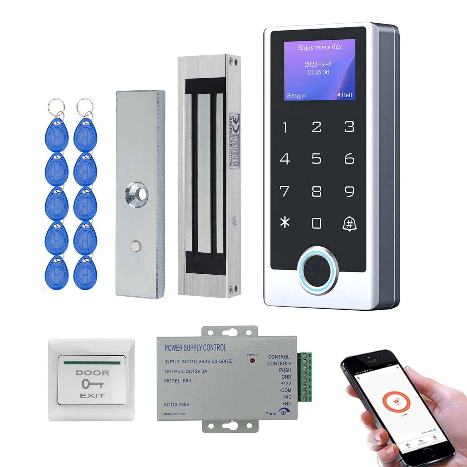 Tuya WLAN Zutrittskontrollsystem Set – Türöffner mit Code & Fingerprint, IP68 Metall Codetaster mit LCD, inkl. Netzteil, Exit-Taster, Türklingel, 180kg Magnet-Türschloss, 10× 125 kHz RFID Tags