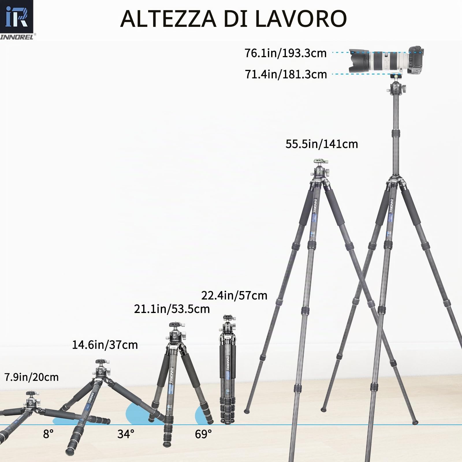 Treppiede in fibra di carbonio INNOREL CT85C Treppiede compatto professionale Supporto fotocamera pesante per videocamera DSLR con testa a sfera a bassa gravità 46mm Carico 25kg con colonna centrale