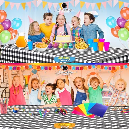 Image of Grandipity 24 Pack Premium Disposable Plastic Tablecloth 54 Inch. x 108 Inch. Decorative Rectangle Checkered Table Cover - Black Checkered Gingham
