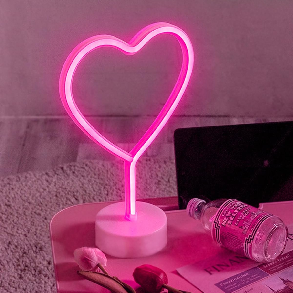 buywin Pink Heart Neon Sign, Battery&USB Powered LED Neon Table Lamps, Love Heart Shaped Neon Decor for Wedding Bedroom Birthday Party Valentines