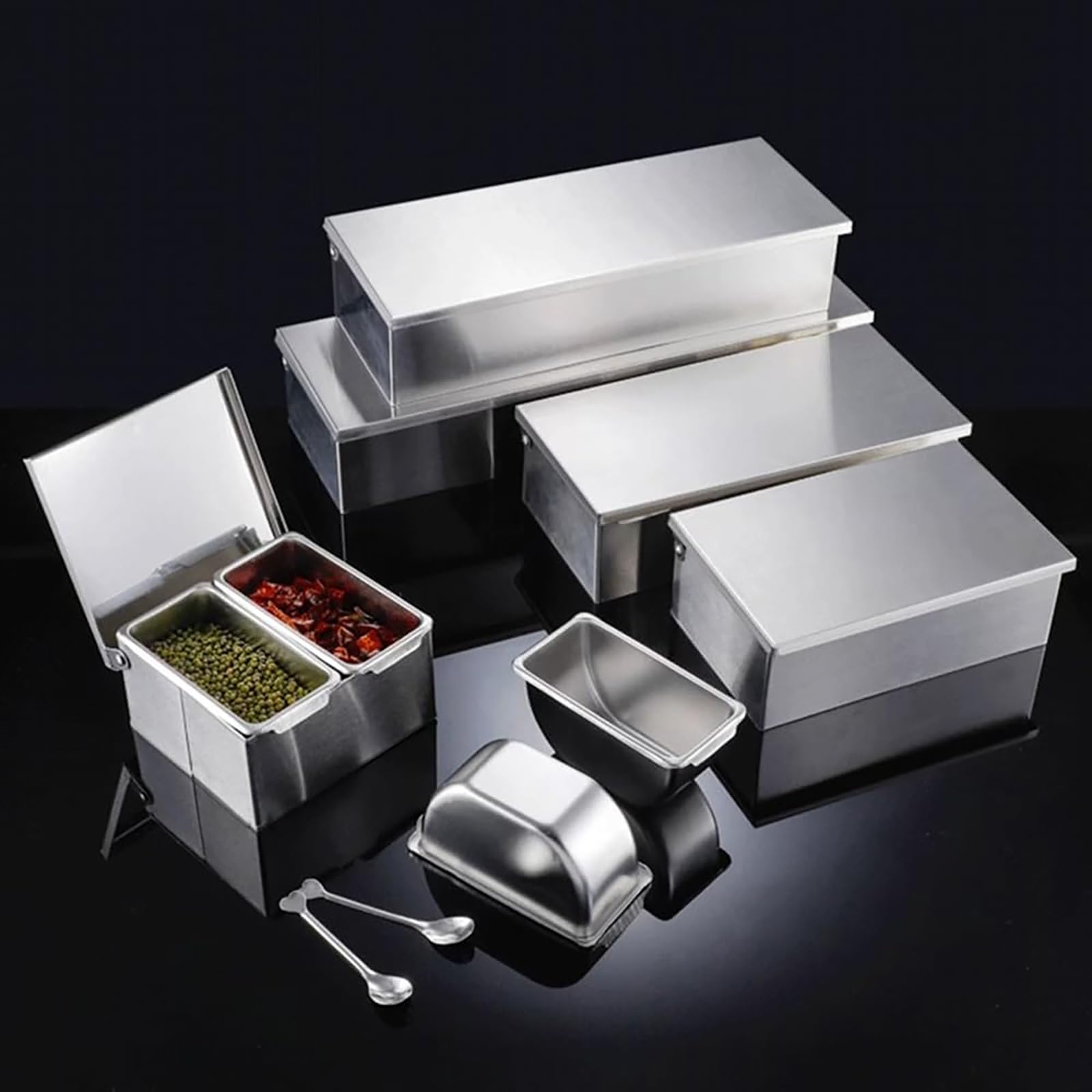 Set di 6 ripiani da cucina con vassoi e cucchiaio, soluzione organizzata per un facile accesso e una sistemazione ordinata, perfetto per uso domestico e ristorante