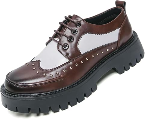Mens Leather Platform Rivets Dress Shoes Causal Round Toe Thick Lug Sole Lace Up Oxfords Comfort Block Heel Derby Business Shoes
