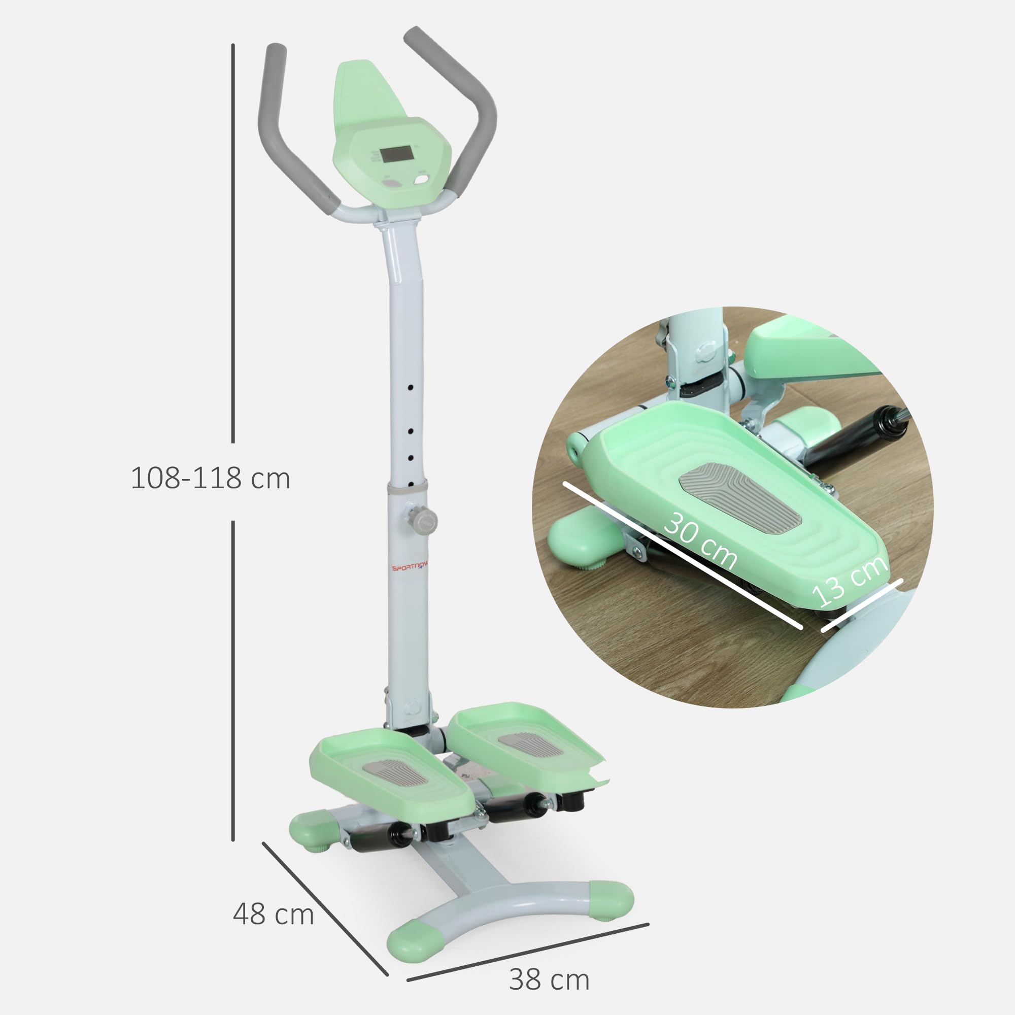 SPORTNOW Stepper con Manubrio Regolabile su 3 Livelli, Gradino Regolabile, Monitor LCD e Piedini Antiscivoli e Regolabili, Stepper Fitness Casa in Acciaio e ABS, 48x38x108-118 cm, Bianco e Verde