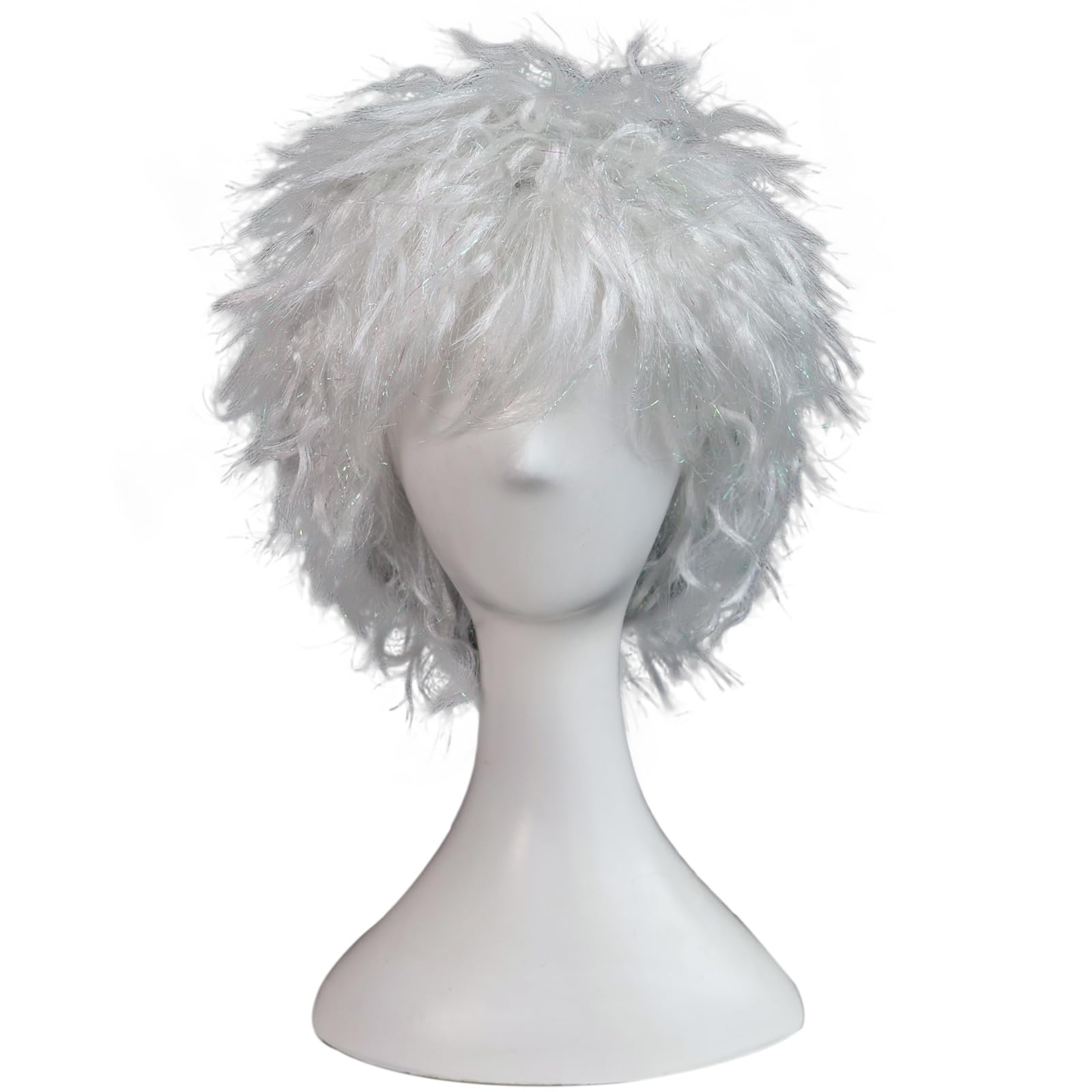 BECULINA Silver Spiky Wig with Hair Cap Mens Short White Layered Wigs with Bangs for Men Silver Messy Fluffy Cosplay Wig for Halloween Christmas Party Costume Outfit Hair - Image 2