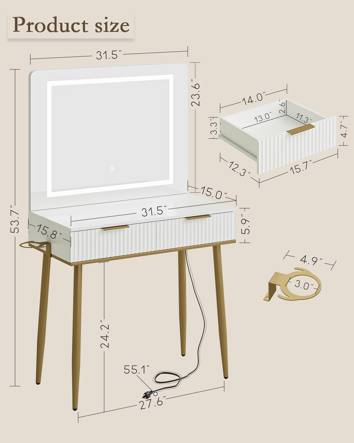 Apetaccat Makeup Vanity Desk with Lights and Mirror, Small Makeup Vanity Table with 2 Drawers, Dressing Table with 3 Adjustable Lighting Color, Small Makeup Desk for Bedroom, White with Gold Leg