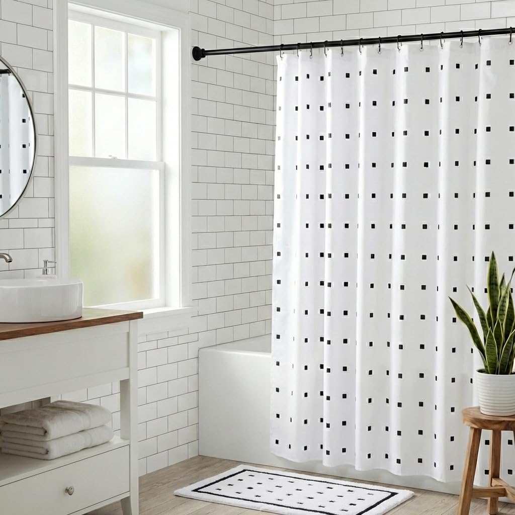 Croydex White Shower Curtain with Black Dots Design - 100% Polyester with a Weighted Hem, Machine Washable and coated with Proseal for Water Repellence, 1800x1800mm