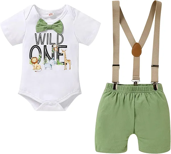 GRNSHTS Baby Boy Funny First Birthday Clothes Infant Boy Bow Tie Romper Bodysuit Cake Smash Outfits