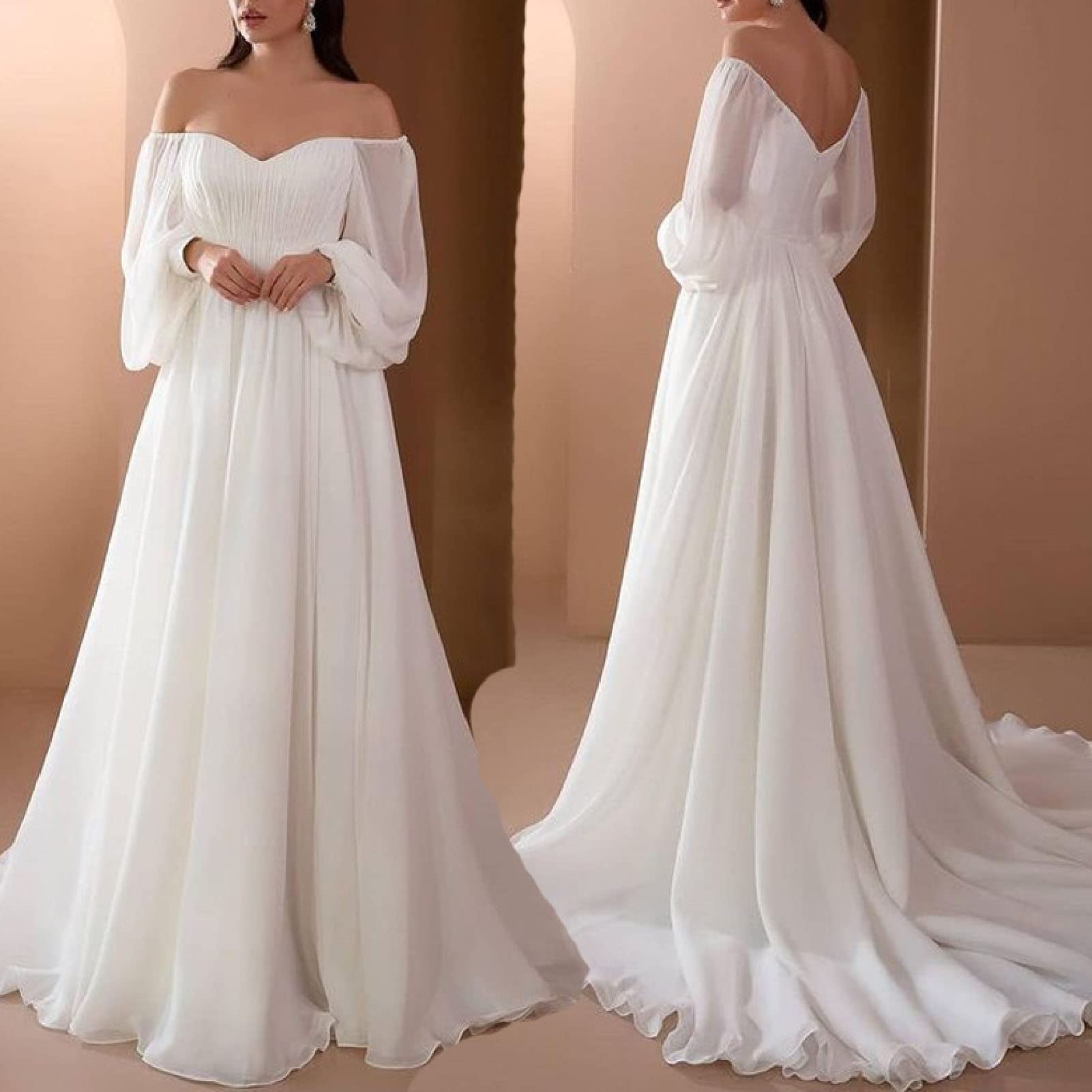 Donne Vestito Lanterna Manica Vita Alta morbido Flowy Hem Off Spalla bella alla moda Maxi Abito da Sera Femminile vestito da signora Abbigliamento leggero