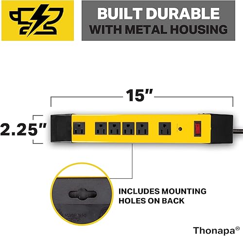 Miniatura 3 de Regleta protectora de sobretensiones resistente, 6 tomacorrientes, 143 SJT cable de extensión resistente de 9 pies, 3 clavijas, regleta de