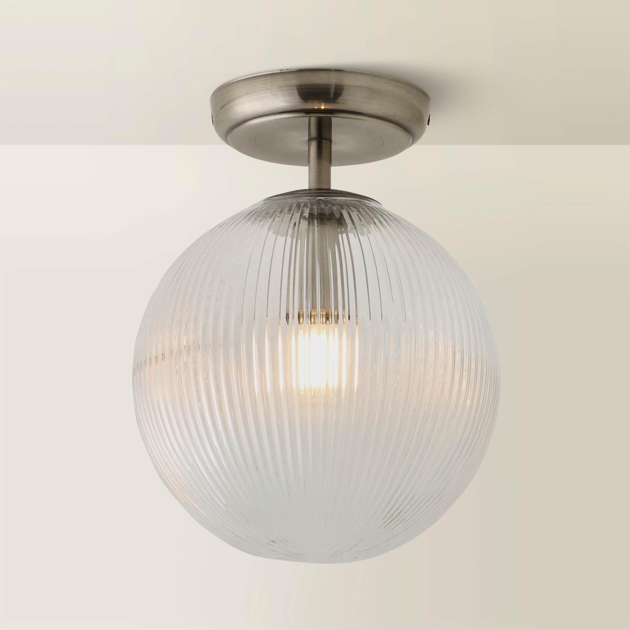 Valuelights Unisex Silver Kempton Ribbed Glass Globe Shade Flush Ceiling Light With Bulb In