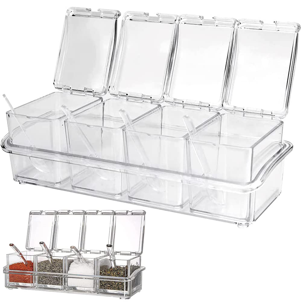 4 in 1 Condimento Box, Cucina Scatola di Spezie, Barattoli in Plastica per Speziecon, Barattoli per Spezie da Cucina, con Coperchio e Cucchiaio, per Conservare Sale, Pepe, Zucchero, Zucchero, Spezie