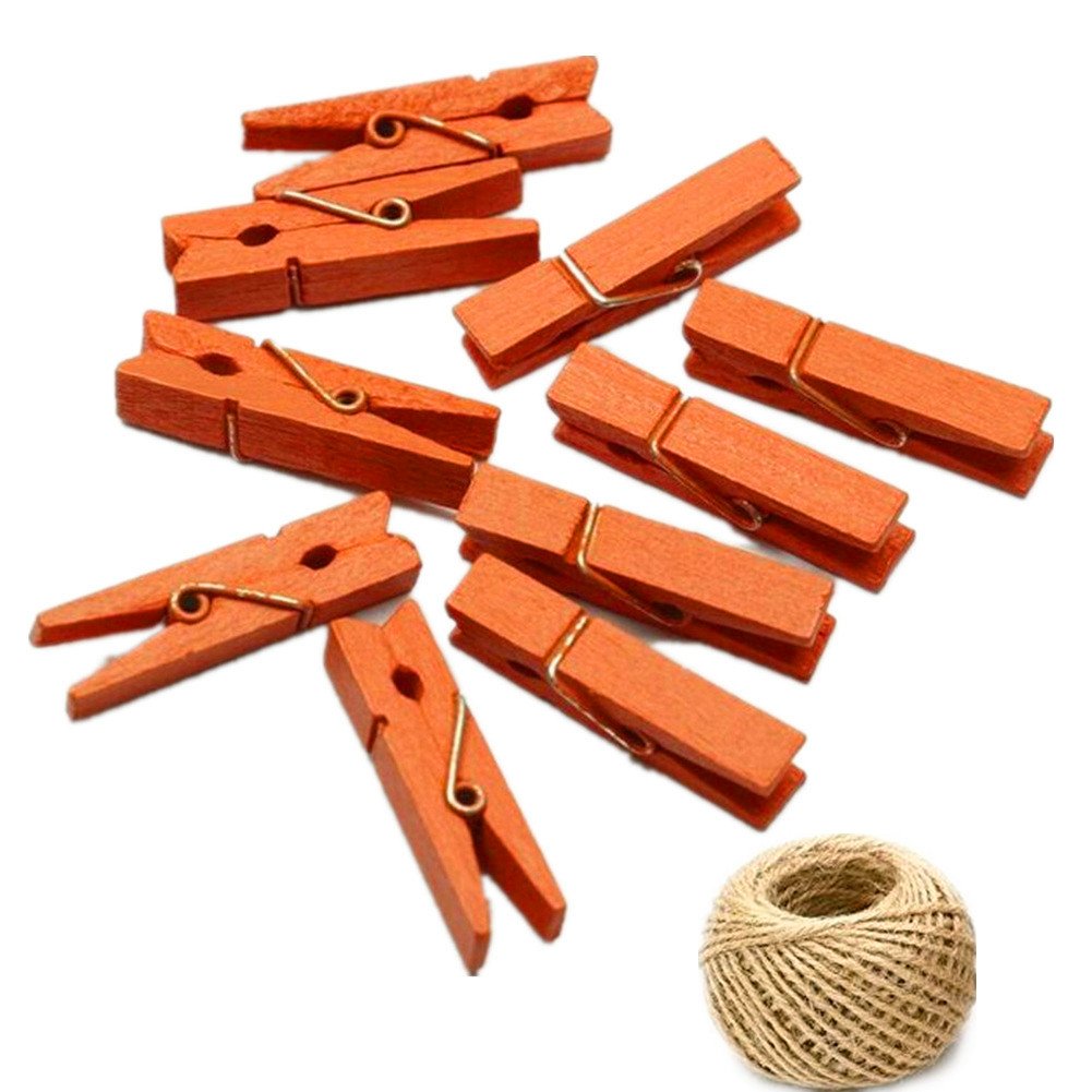 Zhiheng Orange 100 Colored Wooden Mini Pegs Clothespins Craft Photo Clips With 20 Meters Jute Twine For Craft Rustic Decoration (Orange)