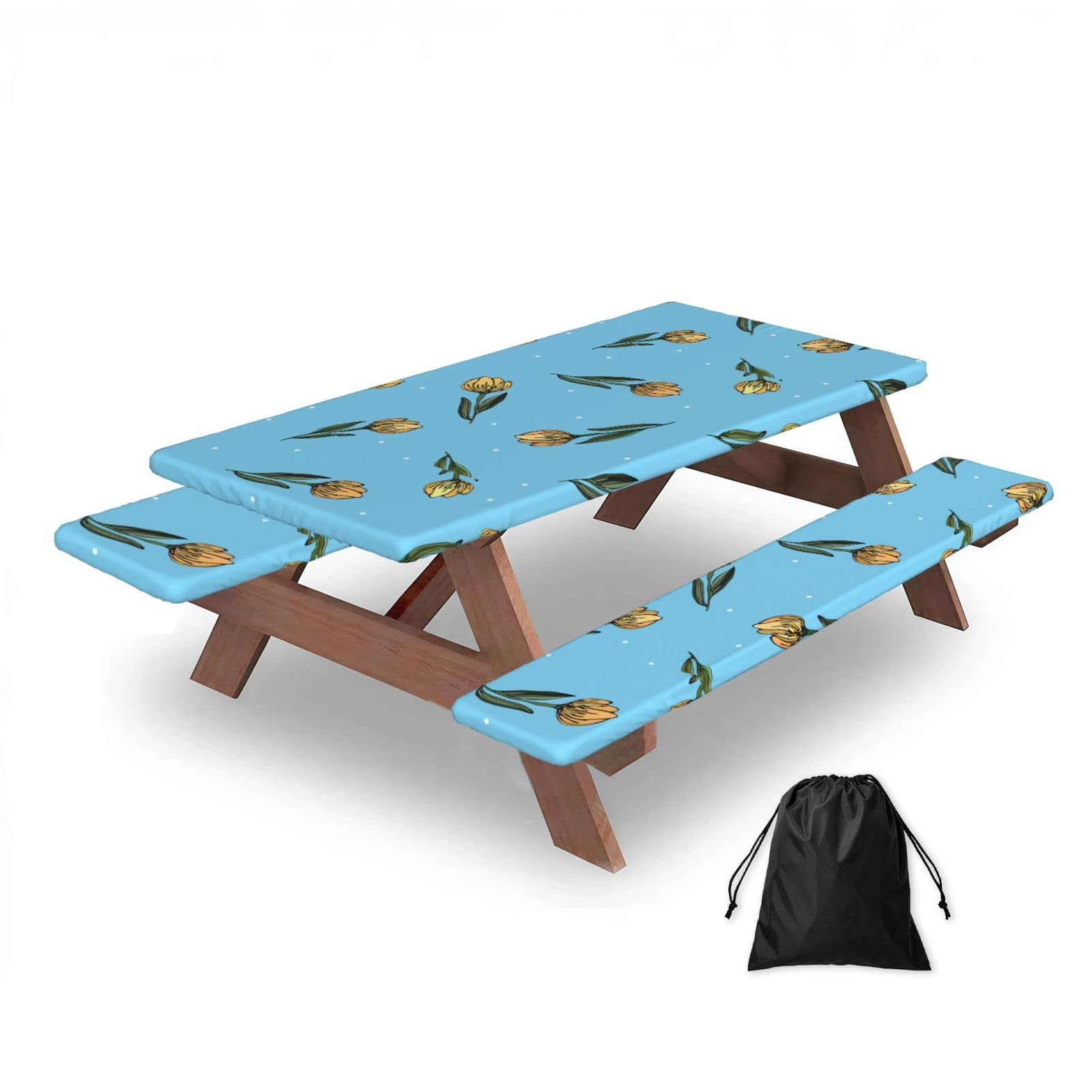 Dopklna As Picture Hand Drawn Yellow Tulips, Picnic Table Cover With Bench Covers -Waterproof Elastic Fitted Tablecloth For Garden Camping Patio 76X152cm