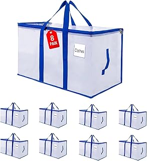 Umzugstaschen 105 L, 8er-Pack Aufbewahrungstaschen mit Reißverschluss, Umzugstaschen Heavy Duty Extragroß, Packtaschen für Umzugsbedarf, Faltbare Reisetasche oder Weihnachtsbaumtasch