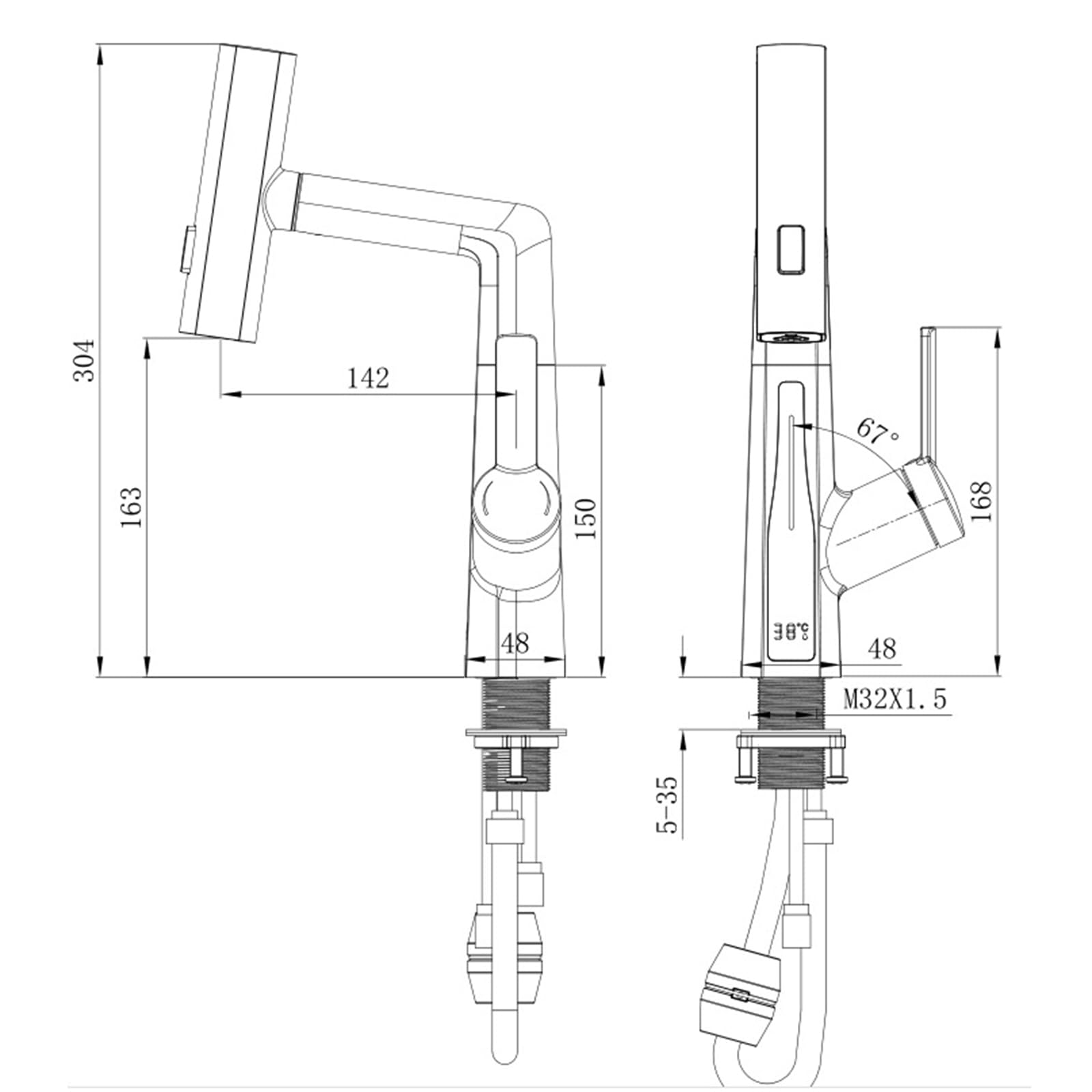 Generico Rubinetto da Bagno Rubinetto per Lavabo con Doccetta Estraibile Cascata Miscelatore per Lavabo Girevole 360° Miscelatore per Lavabo da Bagno con Display Digitale Grigio Canna di Fucile