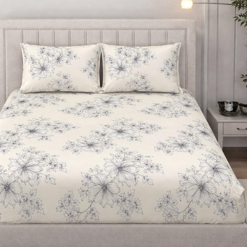 350 TC Premium Heavy Cotton Feel Elastic Fitted Bedsheet Queen Size with 2 Pillow Covers || Double Bed with All Around Elastic (WhiteFlowers, Fitted -60x78 Queen)-image-23